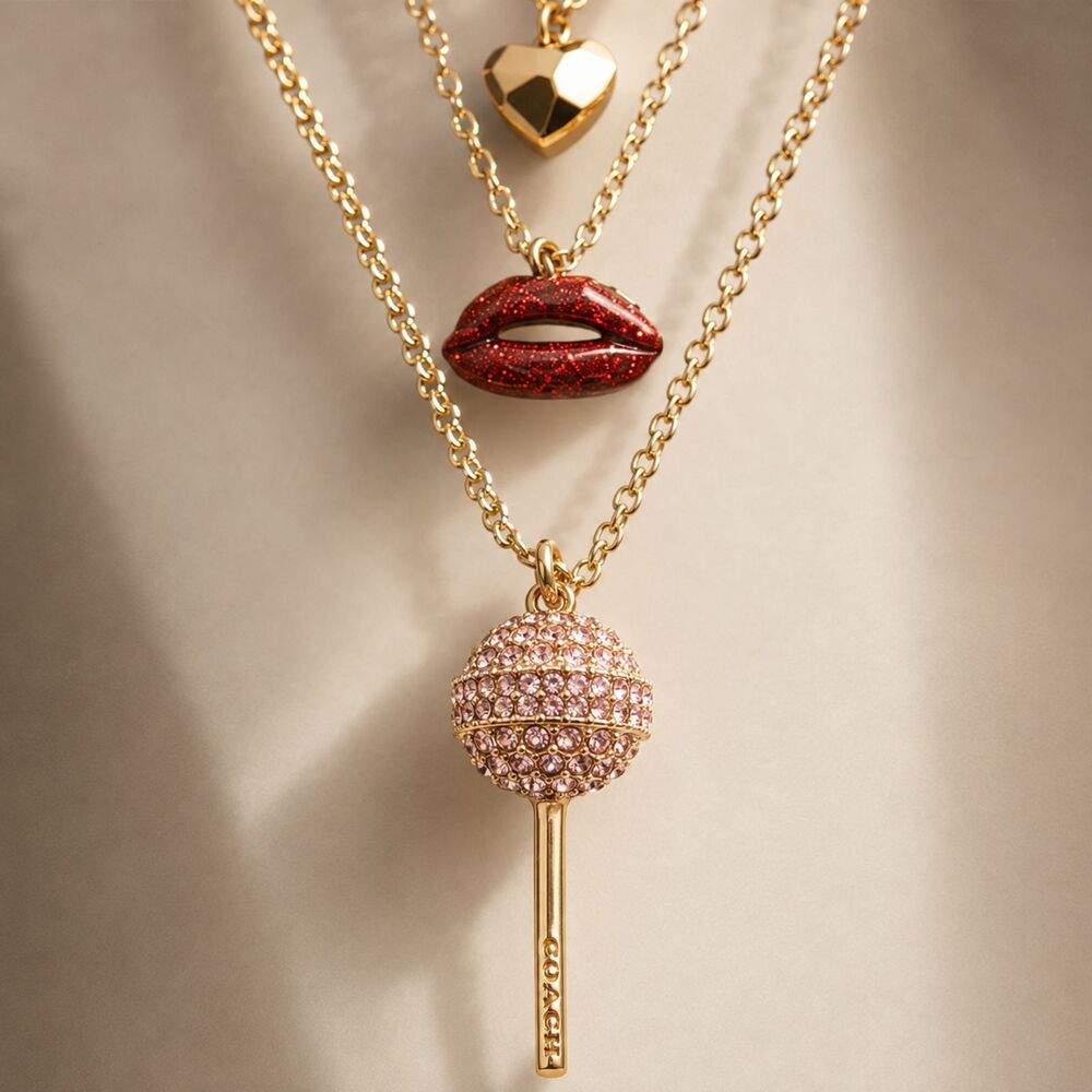 NEW Coach Gold Tone Layered Charm Necklace Heart Lips Lollipop Pendant Gift - Picture 4 of 5